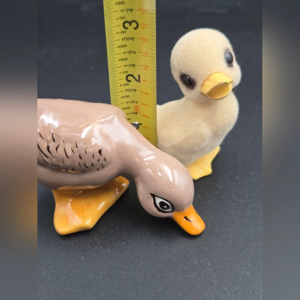 Vintage Inarco Flocked Duckling Figurine Japan & Ceramic Hand Painted Duck